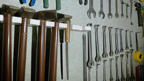 Stand with tools. The tools are arranged in order Stock Footage 88182076