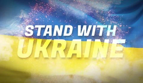 Stand with Ukraine text flag theme. Waving national flag of Ukraine. Waved Stock-Illustration