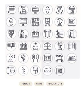 Stand Vector Icon Collection with 35 64x64 Regular Line Designs Stock Illustration