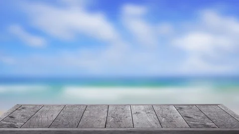Stand wood table, Wooden table on beach sea background. Stock Footage 112647670