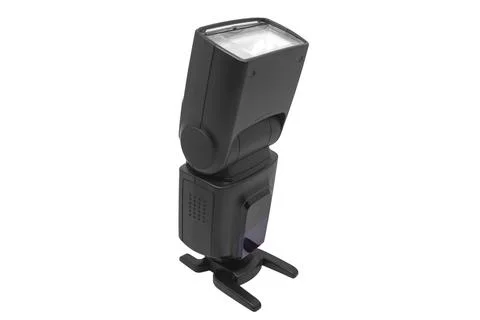 A standalone black external camera flash speedlight mounted on a hot shoe s.. Stock-Fotos