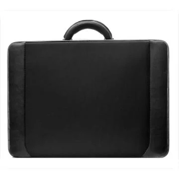 A standard, default black briefcase with handle at top isolated on a pure whi Foto stock
