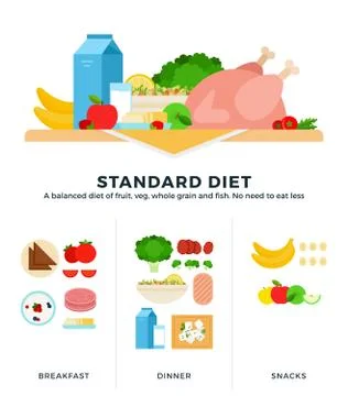 Standard diet vector flat illustrations. A balanced diet of fruits, vegetables Stock Illustration