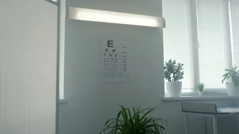 Standard eyesight test chart hanging white wall in doctor office close up. Stock Footage 194582148