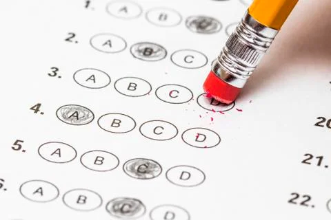 Standardized quiz or test score sheet with multiple choice answers pencil, .. Stock Photos