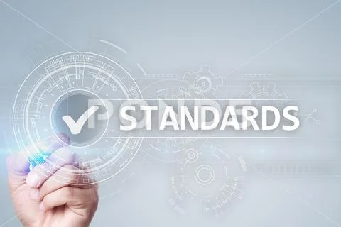 Standards, Quality Control, Assurance, ISO, Checkbox on virtual screen. Stock Photos