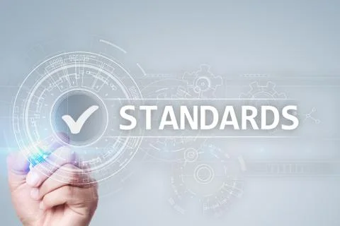 Standards, Quality Control, Assurance, ISO, Checkbox on virtual screen. Stock Photos