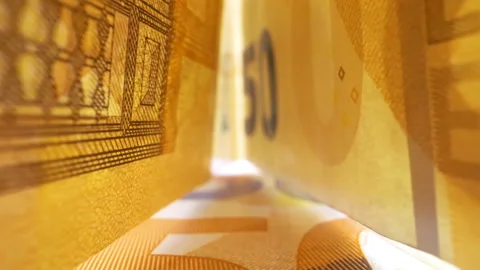The standing 50 Euro bills on the table Stock Footage 137355688