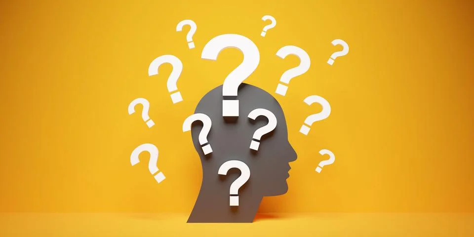 Standing abstract head shape surrounded with group of white question marks .. Stock Illustration