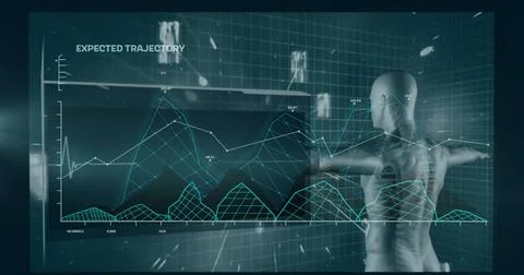 Standing android figure extending arms in VR lab with holographic graphs, mesh 스톡 일러스트