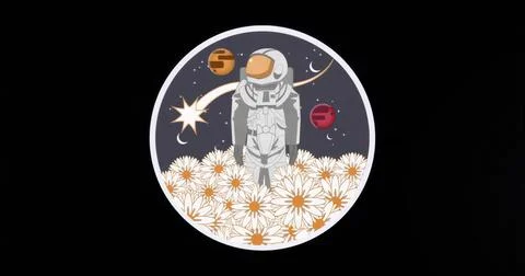 Standing astronaut exploring daisies under dark sky in circle frame, with ora イラスト素材