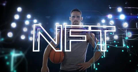 Standing athlete displaying digital network under stadium lights, with 写真素材