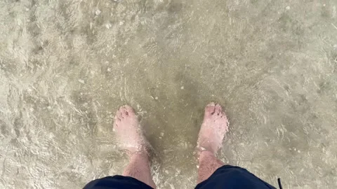 Standing at beach wave splashing cinematic shot 2 Stock Footage 246359642