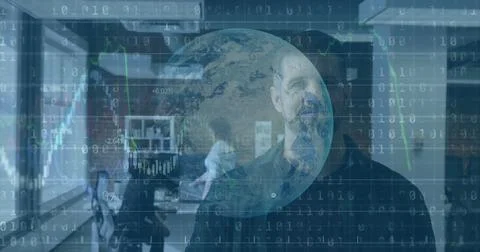 Standing bearded man analyzing globe and binary code in office, consulting Stockfoto's