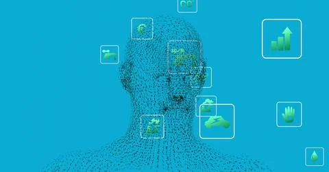 Standing binary-digit bust against turquoise interface, with floating frames Illustrazione stock