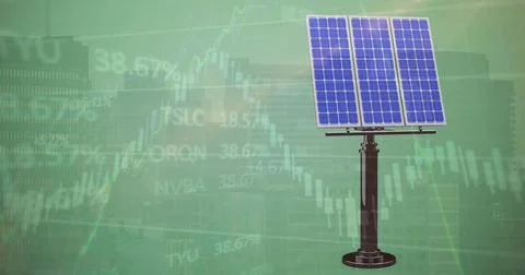 Standing blue solar panel array on pole against city skyline with stock chart 库存照片