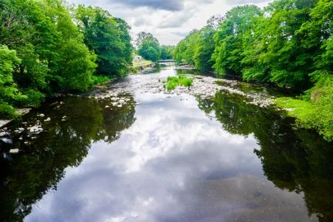 Standing on a bridge looking down a slow moving river with green banks, summe Stock Photos