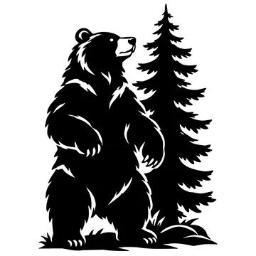 Standing Brown Bear Near Pine Tree Silhouette Stock Illustration