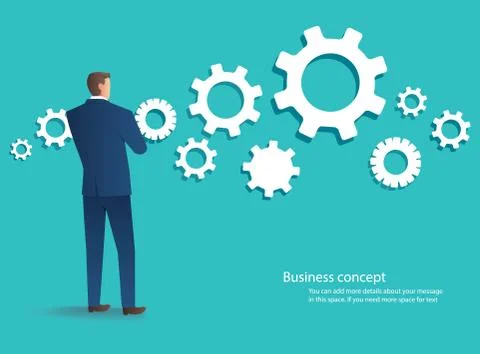 Standing businessman with cogs wheel background Stock Illustration