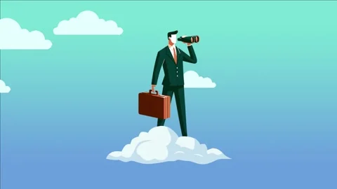 A standing businessman flying above the clouds while holding binoculars Stock Footage 280089069