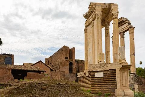 Standing classical columns among ancient Roman ruins, Rome, Italy Stock Photos