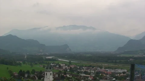Standing clouds on Rhein river valley in the Alps Stock Footage 48980200
