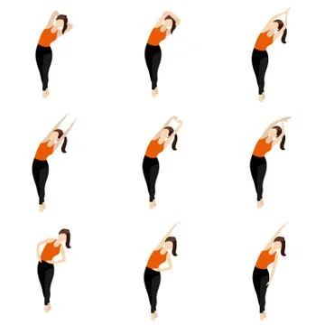Standing cross legged side lean yoga asanas set Stock Illustration