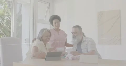 Standing daughter behind elder while man lifting paper leaning, sharing note, 動画素材 330955339