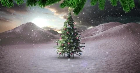 Standing decorated evergreen tree glowing with string lights in snowy dunes, red Stock Illustration