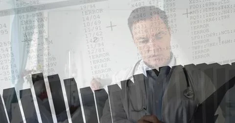 Standing doctor analyzing digital error codes in office, with stethoscope, bar Foto stock