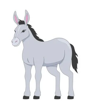 Standing donkey with black mane 2D cartoon character Stock Illustration