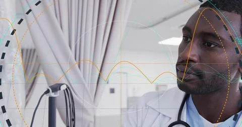 Standing Dr in white coat viewing data overlays in exam room, steth, IV-pole, Stock Photos