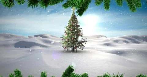 Standing evergreen tree sparkling with lights and ornaments in snowy field, Stock Illustration