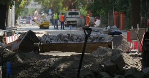 Standing Excavator People Workers on Background Road Repair Unrepaired Road Stock Footage 54335993