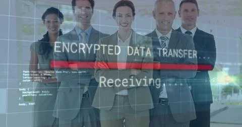 Standing five executives in suits in bright lobby, showing ENCRYPTED DATA HUD 写真素材