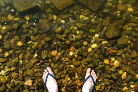 Standing in flip flops in a river Stock Photos