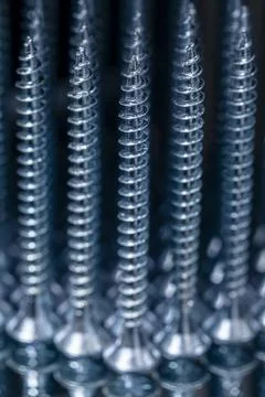 Standing galvanized self-tapping screws on a mirror surface Stock Photos