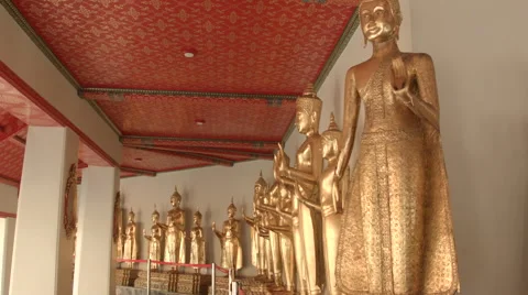 Standing Gold Buddha Statues at Wat Pho, Bangkok Thailand Stock Footage 48438519