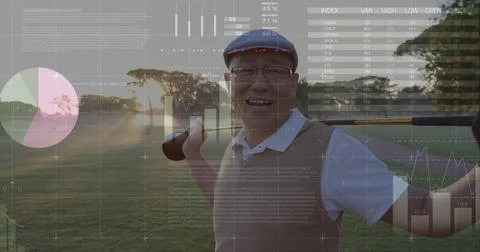 Standing golfer wearing flat cap and vest holding golf club on fairway, showing Stock Photos