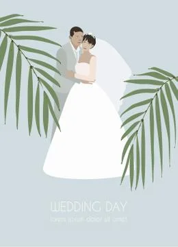 Standing groom hugs the bride in a white wedding dress with veil. Married cou Stock Illustration