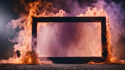 Standing horizontal rectangular frame with fire flames and smoke. Vídeos de archivo 273953892
