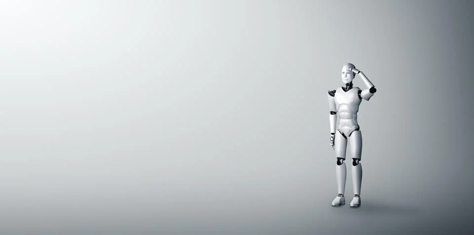 Standing humanoid robot looking forward on clean background Illustrazione stock