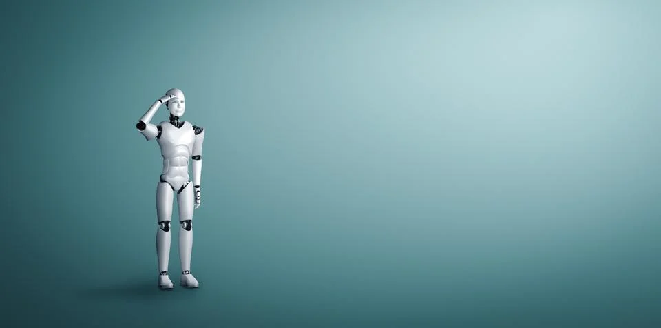 Standing humanoid robot looking forward on clean background Illustrazione stock