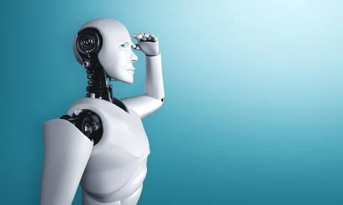 Standing humanoid robot looking forward on clean background Illustrazione stock