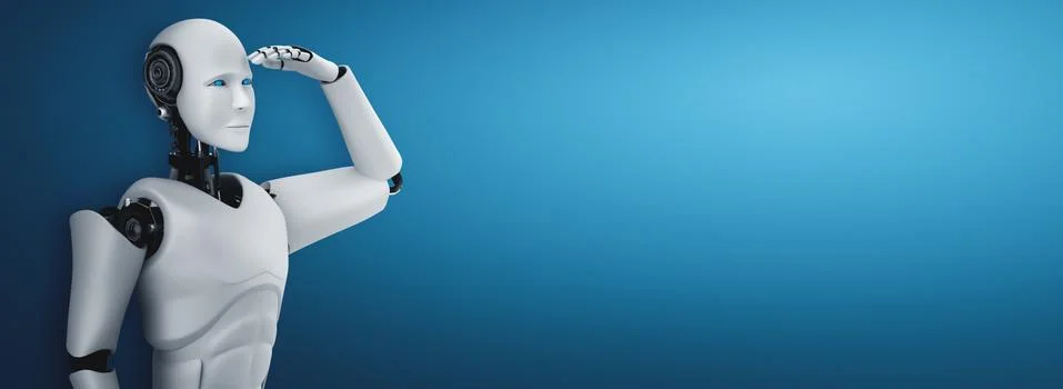 Standing humanoid robot looking forward on clean background Illustrazione stock