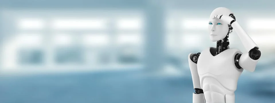 Standing humanoid robot looking forward on clean background Illustrazione stock