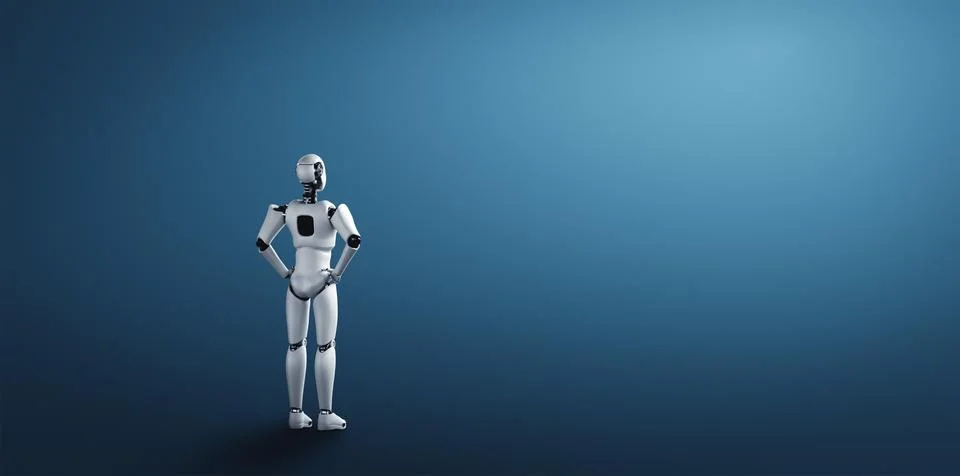 Standing humanoid robot looking forward on clean background Illustrazione stock
