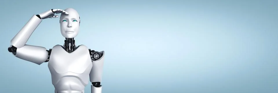 Standing humanoid robot looking forward on clean background Illustrazione stock
