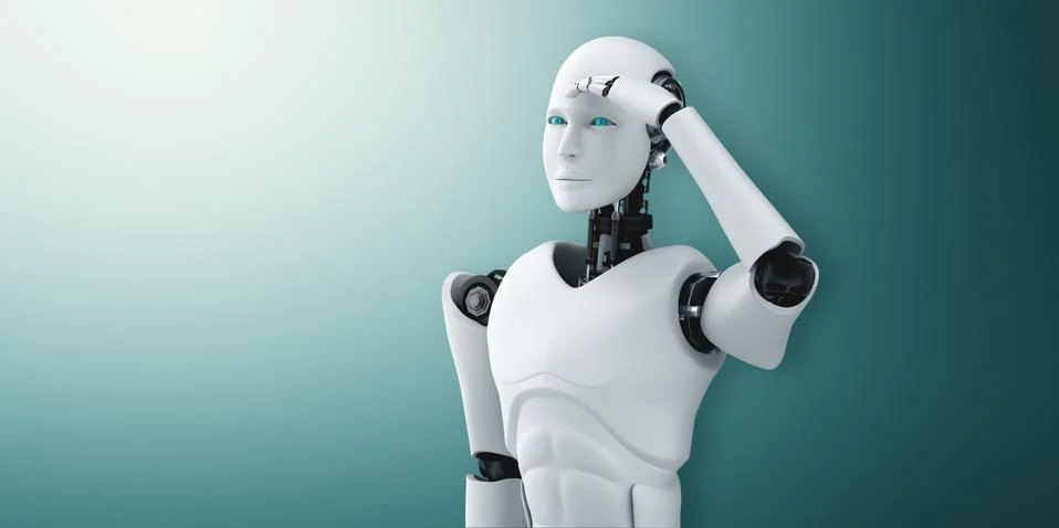 Standing humanoid robot looking forward on clean background Illustrazione stock