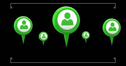 Standing large green map pin marker topped with white user icon on dark Stock Illustration